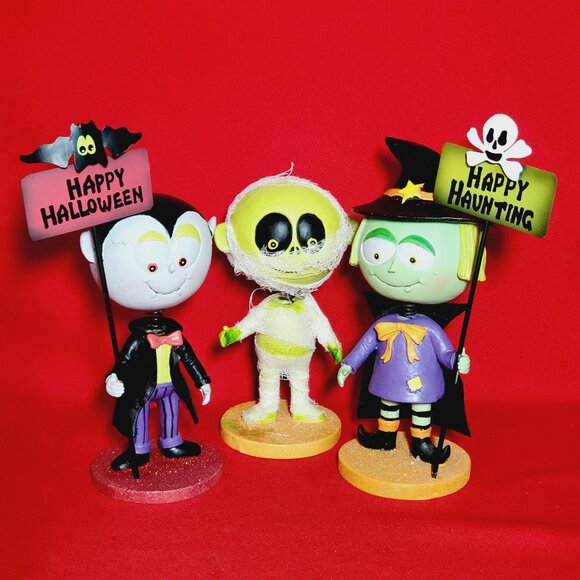 Halloween Figurines Witch Dracula Mummy Bobble Head Spring Set of 3 - Picture 10 of 12